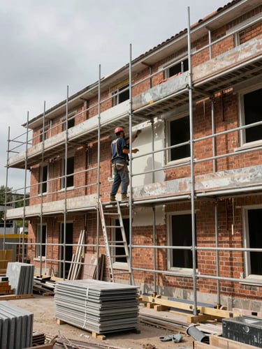 Wide environmental shot of an active residential renovation site — scaffold erected along a brick facade, a worker applying render mid-height under overcast natural light, construction materials stacked at ground level, honest documentary framing