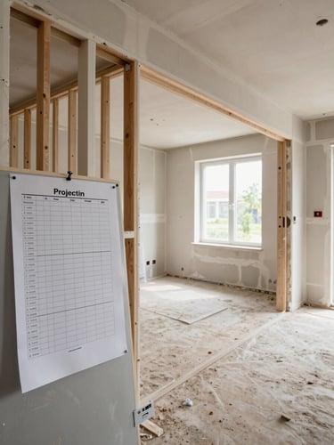 Wide environmental shot of a mid-renovation interior — plasterboard frames exposed on one wall, a project schedule pinned to a board in the foreground, natural daylight flooding in through a large window opening, dusty site conditions, honest documentary framing