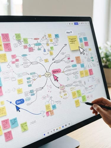 High-fidelity screenshot of a clean collaborative digital canvas with active cursor movements, colorful sticky notes, and structured mind-map templates under soft natural daylight.