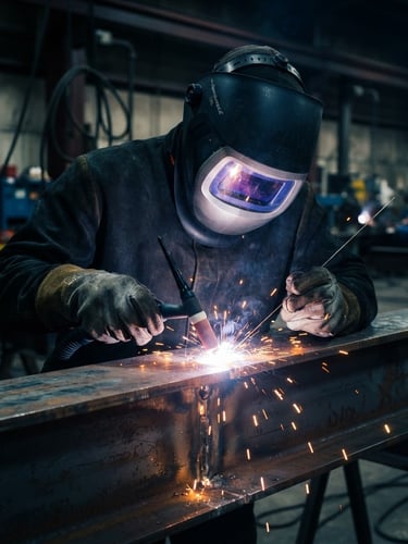 Close-up of a certified welder in dark protective gear, bright orange sparks flying from a precise TIG weld on a heavy steel beam, sharp focus, industrial documentary style.