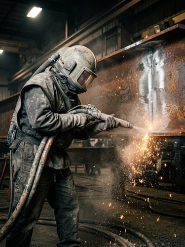 Close-up of a certified technician in full protective gear performing sandblasting on a massive steel girder, high-contrast industrial lighting, dramatic sparks and dust particles, sharp focus, 35mm lens.