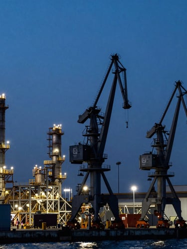 Wide environmental shot of an industrial port facility in Veracruz at dusk, heavy cranes and metal structures silhouetted against a deep blue sky, industrial utility lighting.