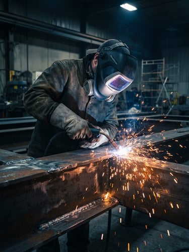 Close-up of a certified welder in full protective gear, bright orange sparks flying from a precise weld on a heavy steel structure, dramatic high-contrast industrial lighting.