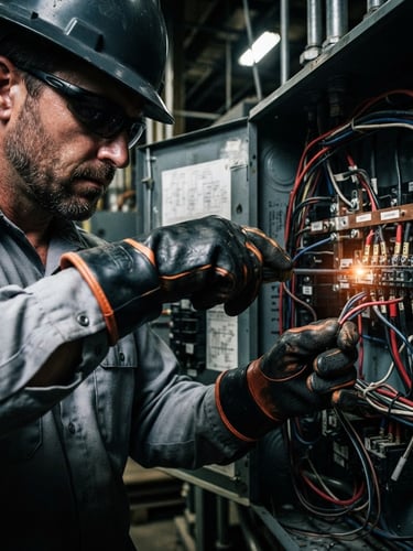 Close-up of a certified industrial electrician working on an electrical panel, safety gloves, high-contrast industrial lighting, dramatic cool steel tones with safety orange highlights.