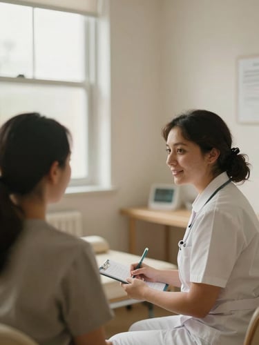 Candid close-up of a community health center interior, showing a patient consulting with a nurse in a warm, well-lit examination room, natural window light, soft desaturated earth tones, 35mm