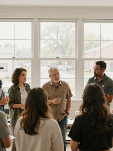 Candid shot of community leaders collaborating on a neighborhood revitalization project, natural window light, soft desaturated earth tones, medium-wide environmental framing, 35mm.