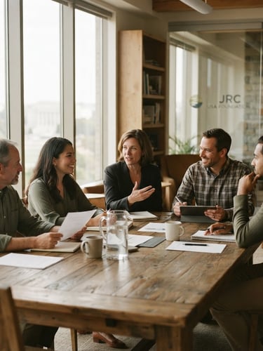 Warm portrait of the JRC USA Foundation leadership team in a collaborative meeting, natural window light, soft desaturated earth tones, 35mm environmental framing.