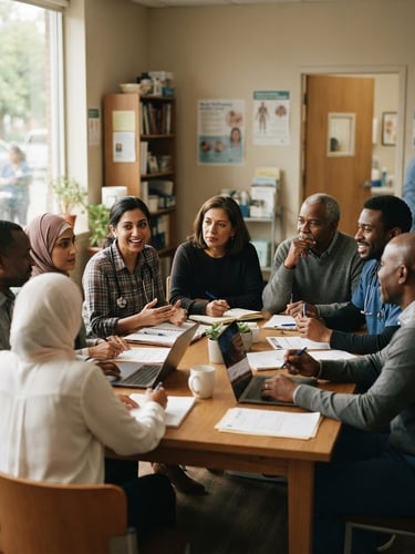 Medium-wide environmental shot of a diverse group of community leaders and healthcare professionals collaborating at a local health clinic, natural window light, soft desaturated earth tones, 35mm