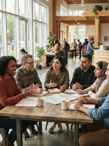 Diverse community leaders collaborating in a bright, modern community center, natural window light, medium-wide environmental shot, soft desaturated earth tones.