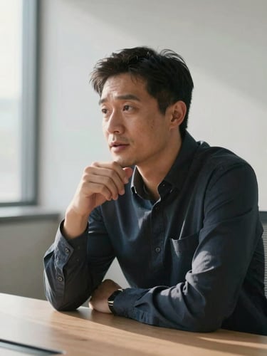 Close-up portrait of a focused professional man in his early forties, seated at a minimal conference table, leaning slightly forward in conversation, natural window light from the left casting soft shadows, sharp expression of deliberate thought, no smile, indoor office setting
