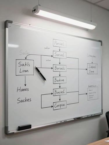 Overhead shot of a whiteboard covered in sales pipeline diagrams and handwritten notes, a single pen resting on the surface, harsh indoor office fluorescent light, sparse and undecorated workspace