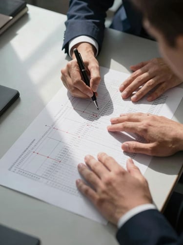 Close overhead shot of a sales leader's hands spread across printed pipeline metrics on a conference table, a pen marking specific numbers, natural window light casting soft shadows across the documents