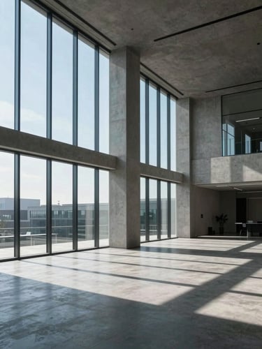 Wide environmental shot of a modern architectural office with sharp geometric shadows, cool blue morning daylight streaming through floor-to-ceiling windows, minimalist concrete surfaces.