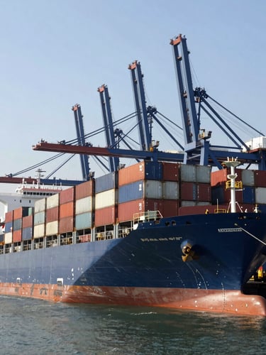 A massive container ship docked at a modern port terminal, bright daylight casting sharp shadows, towering blue cranes in the background, wide-angle environmental framing.