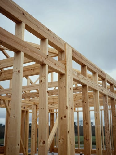Wide panoramic shot of a Lancaster timber frame structure under construction, raw oak beams against a cold Pennsylvania sky, sharp miter joints visible.