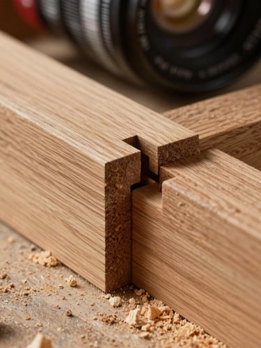 Close-up of a tight-tolerance mortise and tenon joint in raw oak, clean sawdust on the wood.