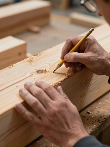 Hands marking a massive hemlock beam with a brass pencil under raking workshop light.