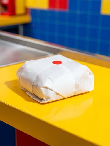Extreme close-up of a clean, modern fast-food pickup counter, a perfectly wrapped burger package visible, crisp studio lighting, sharp hard shadows, saturated primary colors.