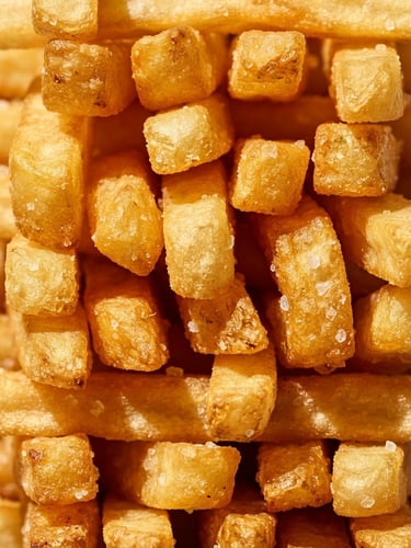 Extreme close-up of perfectly golden, salted french fries stacked vertically, crisp studio lighting, sharp hard shadows, macro depth, vibrant high-key food photography