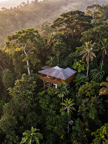 Aerial drone shot of Corcovado Canopy Lodge nestled within dense jungle canopy, misty golden hour light, 35mm