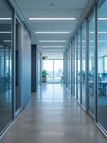 Clean corporate office corridor with architectural lines, cool blue glass reflections, bright natural light, 35mm lens