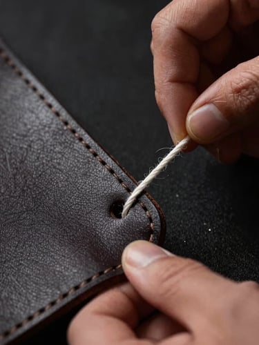 Extreme close-up of a craftsman's hands pulling heavy-gauge waxed thread through pre-punched holes in dark harness leather, low-key lighting, focus on thread tension