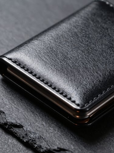 Macro overhead shot of a black anodized aluminum wallet on a raw slate surface, dramatic side-lighting highlighting the chamfered edges and tight leather stitching.