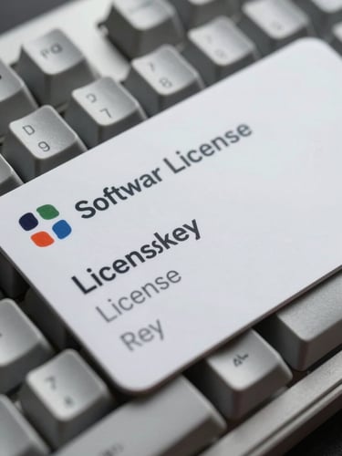 Extreme close-up of a software license key printed on a card resting on a mechanical keyboard, bright even studio lighting, 45-degree product angle