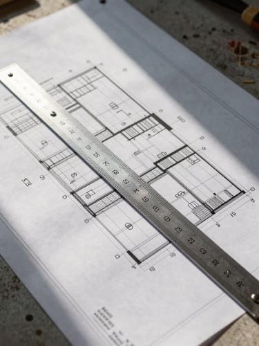 Overhead top-down shot of a construction site desk, detailed blueprint plans spread out, professional aluminum scale ruler, sharp high-contrast morning light.