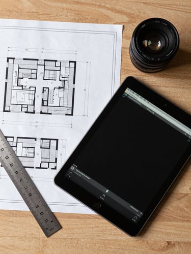 Top-down overhead shot of a clean wooden desk with architectural blueprints, a steel ruler, and a digital tablet showing a CAD interface, sharp professional office lighting, high contrast.