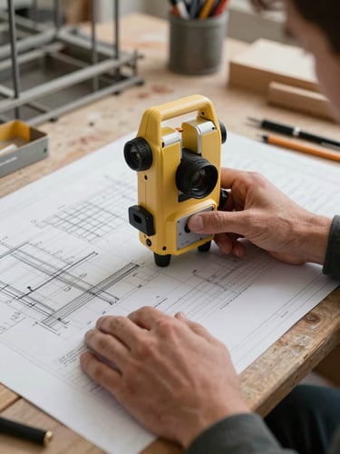 Gros plan sur les mains d'un métreur utilisant un double décamètre et un stylo technique pour analyser un plan de coffrage en béton sur un bureau de chantier.