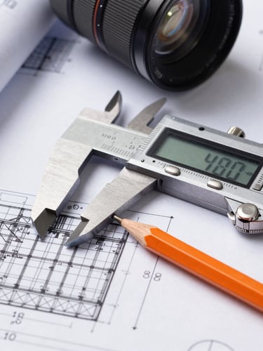 Macro shot of a detailed construction blueprint with a digital caliper and a safety orange mechanical pencil, hard technical lighting, crisp lines.