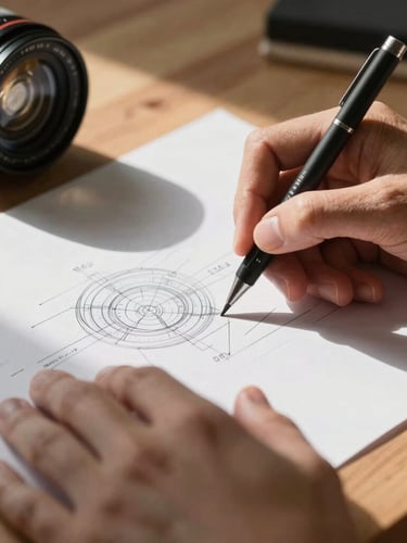 Close-up of hands marking up a technical drawing with a mechanical pencil on a wooden desk, hard daylight casting sharp shadows.
