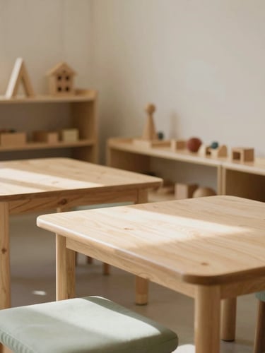 Sunlit corner of a minimalist pre-school classroom, low wooden tables, soft sage green cushions, shelves with natural wooden toys, warm neutral aesthetic.