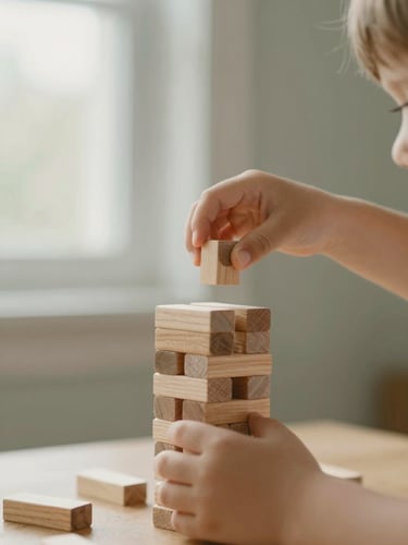 Eye-level close-up of a young child's hands carefully placing a wooden block on a tower, soft morning light filtering through a window, muted sage and oat background, shallow depth of field, 35mm.