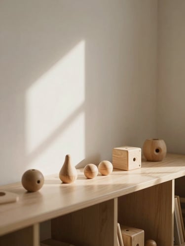 A sunlit corner of a minimalist classroom with simple wooden toys arranged neatly on a low shelf, soft diffused daylight, warm earth tones, clean Scandinavian design style.