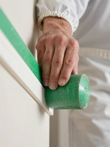 Extreme close-up of a painter's hand in a clean white branded overall applying crisp green painters tape to a baseboard edge. Sharp high-contrast natural light showing plaster texture.