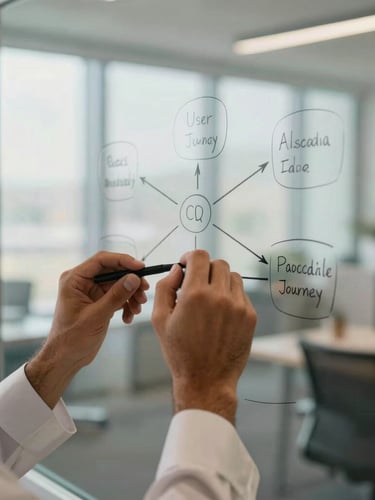 Close-up of hands of an Arab professional sketching a user journey map on a glass whiteboard, warm natural lighting, focused atmosphere, modern office context.