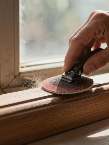 Extreme close-up of a craftsman's hand using fine-grit sandpaper on a historic wooden window frame, bright natural morning light, dust particles visible, razor-sharp focus