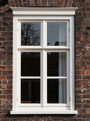 Crisp, bright morning shot of an immaculate white wooden window frame on a classic Dutch brick facade, razor-sharp paint lines and high-gloss sheen reflecting daylight.