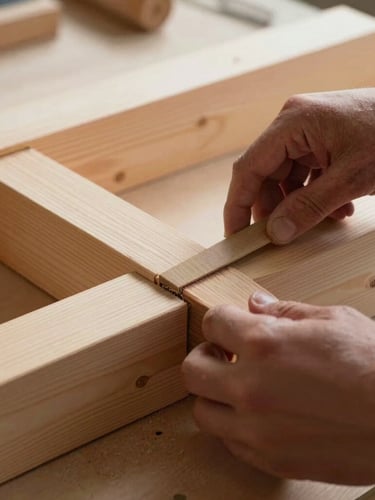Scherpe detailopname van een schilder die met uiterste precisie een houten kozijn schuurt, verlicht door helder ochtendlicht dat de gladde textuur benadrukt.