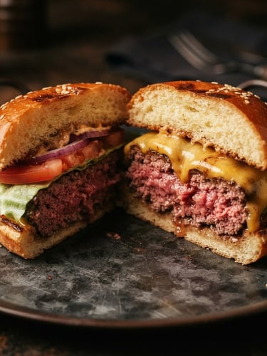 Macro shot of a thick-patty burger cut in half, showing perfect pink juicy center, melting cheddar cheese, on a dark rustic metal tray, warm low-key side-light, shallow depth of field, 35mm