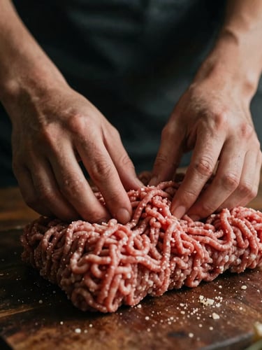 Close-up of raw ground beef blend being shaped by hands in a rustic kitchen, warm side-lighting, dark charcoal background, shallow depth of field, 35mm