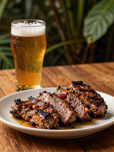 Eye-level shot of a grilled Peruvian meat dish served on a rustic wooden table, beside a glass of amber-colored beer with a thick head of foam, warm low-key lighting, shallow depth of field