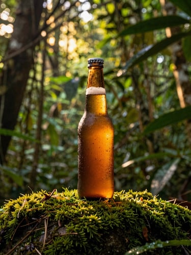 A premium condensation-covered beer bottle standing on a mossy rock in the Amazon rainforest, warm golden-hour light filtering through dense green canopy, rich textures, 35mm.