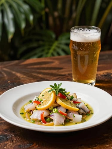 A gourmet plate of fresh Peruvian tiradito fish with citrus dressing, paired with a glass of golden Pale Ale beer, set on a dark rustic wooden table, soft jungle leaf shadows, warm editorial photography.