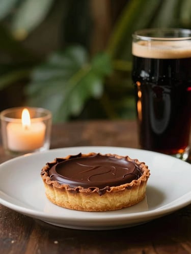 A premium chocolate tart beside a glass of dark stout beer, rich dark tones, soft candlelight highlighting the velvety texture of chocolate and the deep ruby highlights of the beer, shallow depth of field