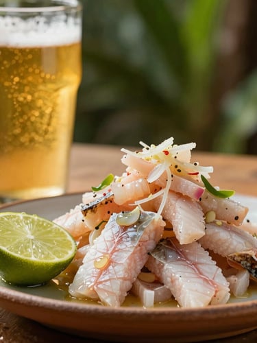 A fresh Peruvian ceviche served on a rustic plate next to a glass of golden beer, warm afternoon light, macro shot focusing on lime droplets and fresh fish textures