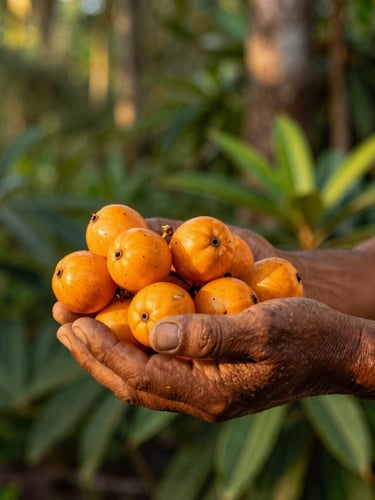 Close-up of weathered hands of an Amazonian farmer holding freshly harvested bright orange aguaje fruits, warm golden-hour sunlight, shallow depth of field, rich greens and earth tones