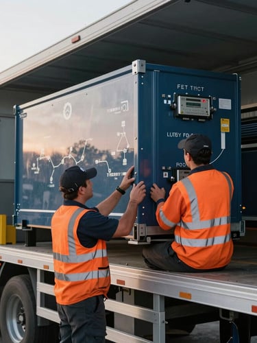 Medium shot of a Tiburon Enterprises team member in high-visibility gear, securing heavy equipment onto a flatbed trailer, crisp early morning daylight, industrial editorial photography.
